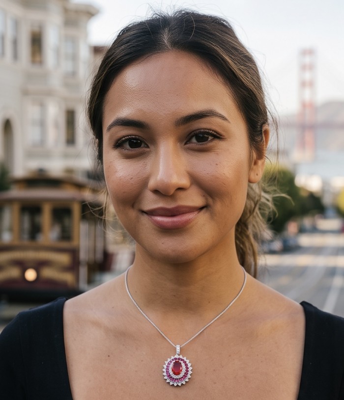 Art Deco - Genuine 3.8 carat Ruby rhodium over .925 Sterling Silver handcrafted Statement Pendant - Woman wearing Art Deco ruby pendant necklace, front view.