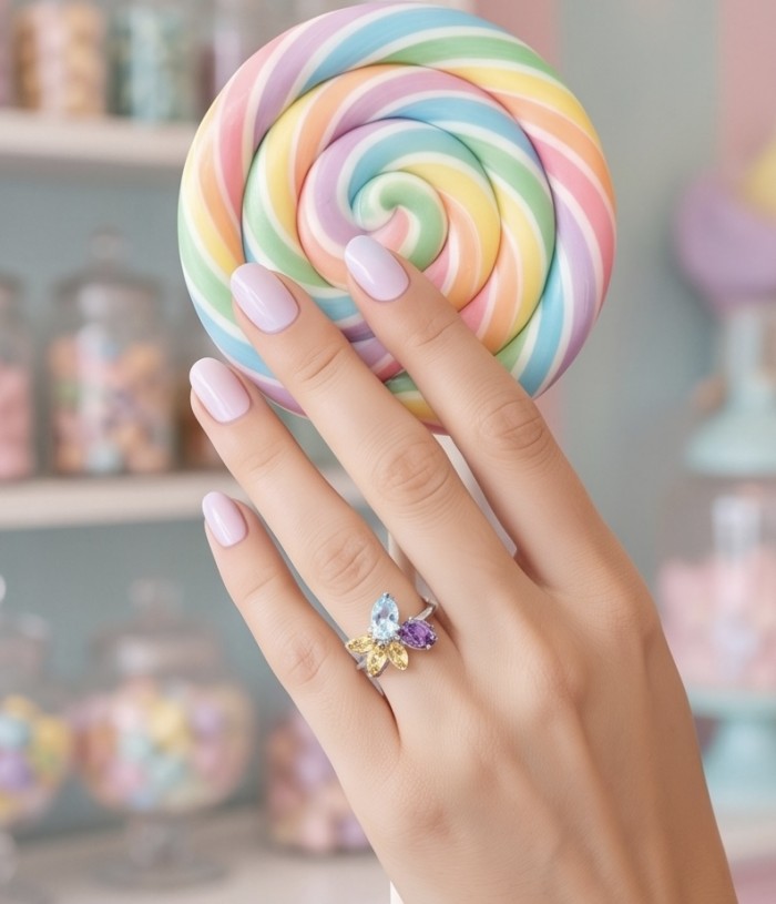 Pacifica 7.8 carat Swiss Blue Topaz .925 Sterling Silver handcrafted ring size 9 - Pacifica ring with colorful stones, worn on hand holding a rainbow lollipop.