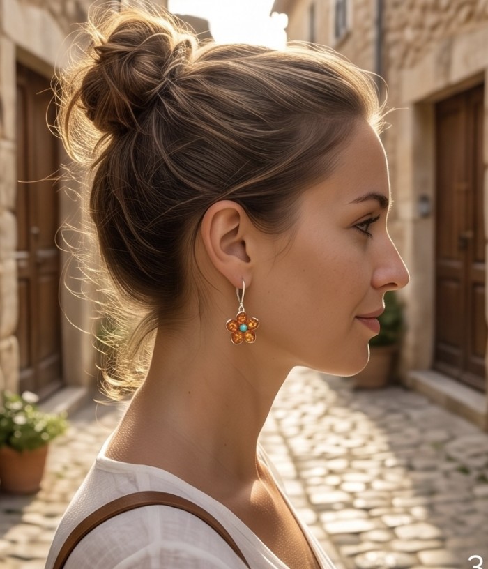 Golden Summer Flowers - authentic Baltic Amber Turquoise .925 Sterling Silver handcrafted earrings - Side view of Golden Summer Flowers earrings worn on person