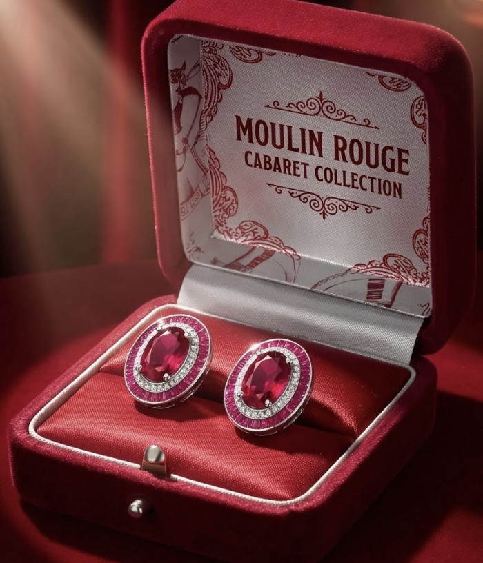 Precious - Art Deco 10.2 carat Ruby .925 Sterling Silver handmade earrings - Earrings in velvet box, 10.2 carat ruby, front view.