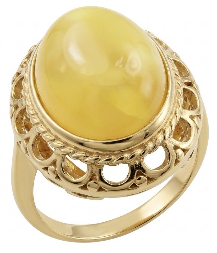 Vintage Style Authentic Golden Butterscotch Baltic Amber 18K Gold over .925 Sterling Silver entirely handcrafted ring; s. 8 1/4 - Close-up of vintage-style golden butterscotch Baltic amber ring.
