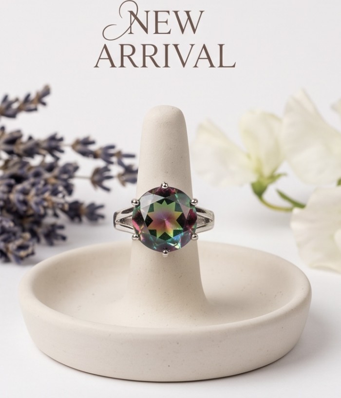 7.8 carat Brazilian Tourmaline .925 Sterling Silver Perfectly handcrafted Ring s. 7 - Brazilian Tourmaline ring on stand, front view, with lavender and flowers.