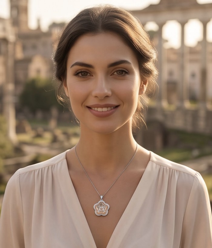 Tae Rose 8.5 carat Morganite .925 Sterling Silver handmade Pendant - Woman wearing Tae Rose 8.5 carat Morganite necklace in silver setting.