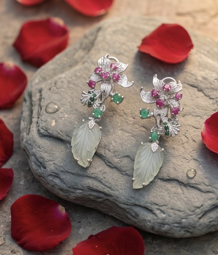 RARE BEAUTY! Valentina 38.2 carat CARVED Green Amethyst .925 Sterling Silver dipped in rhodium Statement earrings - Enchanting earrings with carved green amethyst and floral design, top view.