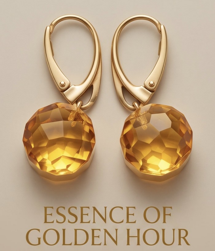 Faceted spheres authentic 11.2 carat Golden Baltic Amber 18K Gold over .925 Sterling Silver Earrings - Front view of golden amber earrings showing faceted detail.