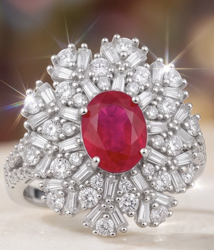 Bella Rosa Genuine 5.5 CARAT Ruby rhodium over .925 Sterling Silver Statement Ring size 8 - Close-up of Bella Rosa 5.5 carat ruby ring with diamond accents.