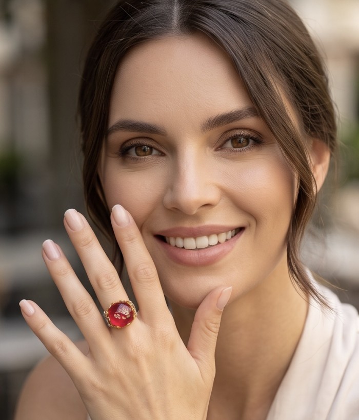 Emily 10.9 carat Mozambique Ruby .925 Sterling Silver dipped in 22K Gold handmade Statement Ring size 7 - Ruby ring worn on hand, showcasing the stone and design details.