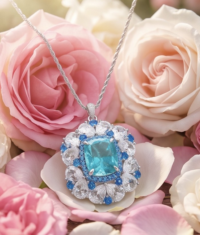 Vintage style 8.5 carat Swiss Blue Topaz Rhodium over .925 Sterling Silver handcrafted necklace - Vintage necklace with blue topaz pendant, surrounded by pink roses.