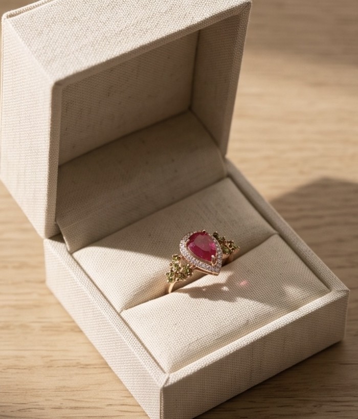 Bella Rosa Genuine 7.9 CARAT Kasmir Ruby 22K Rose Gold over .925 Sterling Silver Statement Ring size 7 1/4 - Ruby ring in open box, top view, sunlight highlighting the stones.