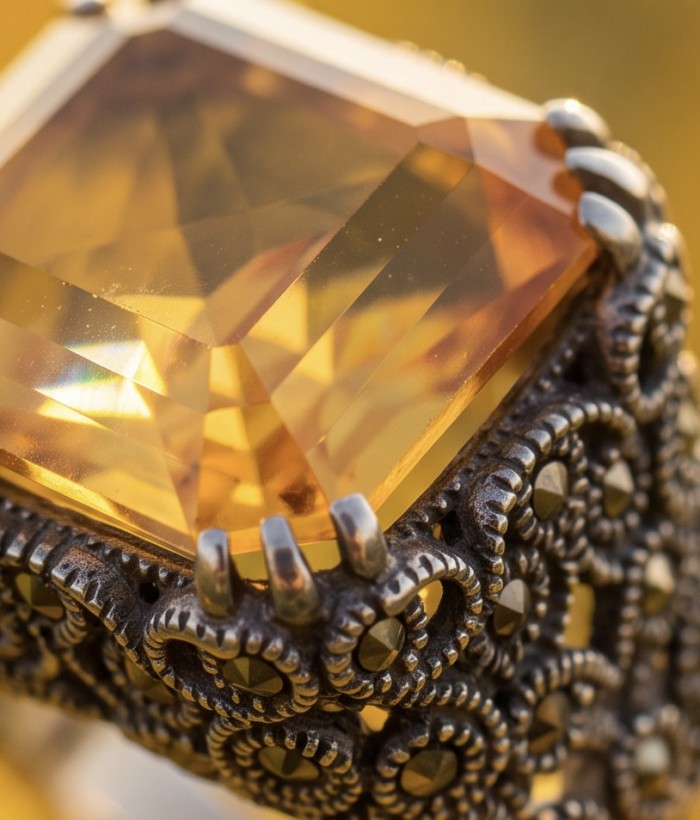 Serenity Natural 29.9 carat GOLDEN Topaz .925 Sterling Silver handmade Large Statement Ring size 7 1/4 - Close-up of golden topaz and silver ring detailing