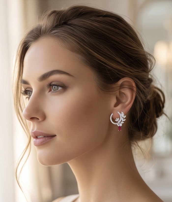 Giovanna - 2.5 carat Ruby .925 Sterling Silver handcrafted incredible earrings - Side view of Giovanna ruby earring worn on ear, sterling silver design.
