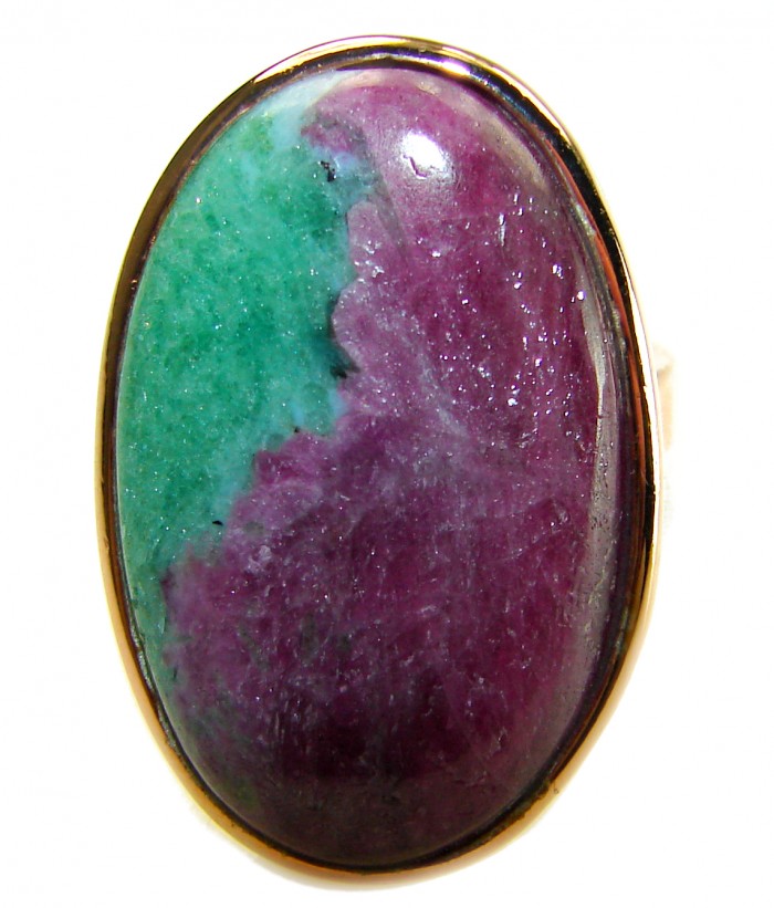 Authentic Ruby in Zoisite 18k Gold over .925 Sterling Silver handmade Cocktail Ring s. 7 adjustable - Ruby in Zoisite ring stone close-up with 18k gold over sterling silver