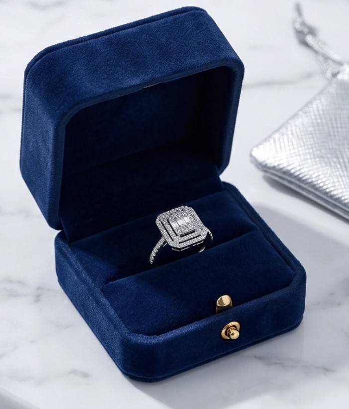 Art Deco 8.6 ctw White TOPAZ .925 Sterling Silver handcrafted Statement Ring size 7 - Art Deco ring in velvet box, front view showing topaz and silver detailing.