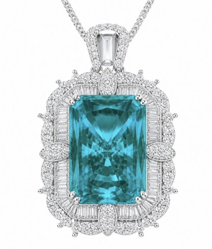Rio Grande do Norte - Brazilian's Briliance - baquette cut 28.5 carat Paraiba Tourmaline .925 Sterling Silver handcrafted necklace - Pendant with turquoise stone and diamond accents, front view