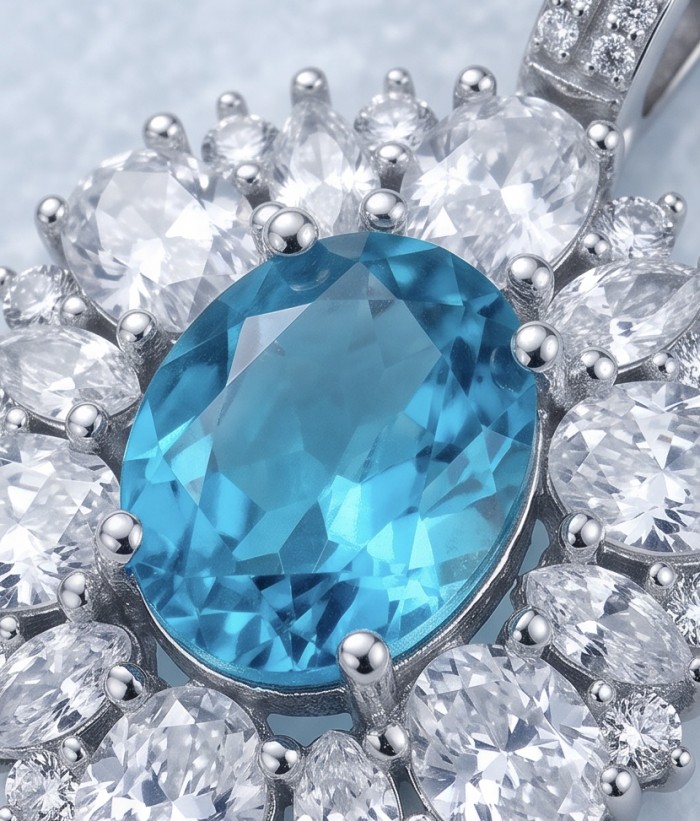 Wonderland 6.2 carat fancy oval cut Paraiba Tourmaline .925 Sterling Silver Handcrafted Statement necklace - Close-up of Wonderland Paraiba Tourmaline ring with clear stone accents