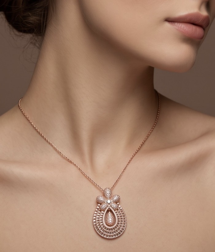 Giovanna - Authentic 5.8 carat White Topaz .925 Sterling Silver dipped in 18K Rose Gold handcrafted pendant - Necklace worn around neck showcasing the pendant design.