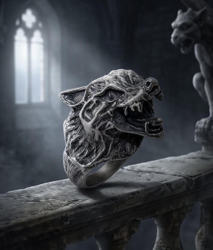 Wild Wolf .925 Sterling Silver Ring s. 8 1/4 - Sterling silver wild wolf ring on gothic stone railing, side view.