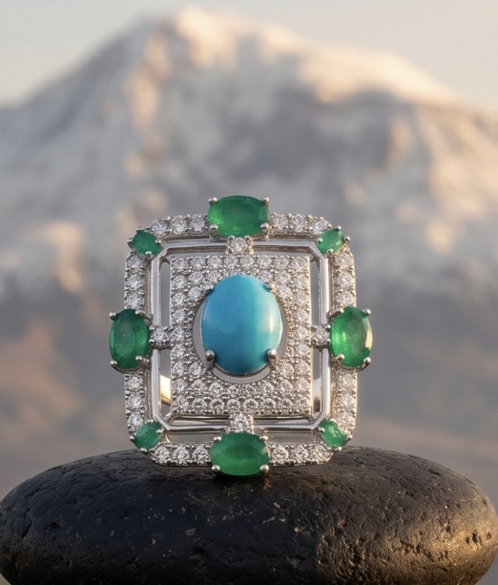 Art Deco - Pacifica - 18.4 carat Turquoise Emerald .925 Sterling Silver handmade Statement ring s. 8 adjustable - Front view of Art Deco turquoise and emerald ring on a black stone.
