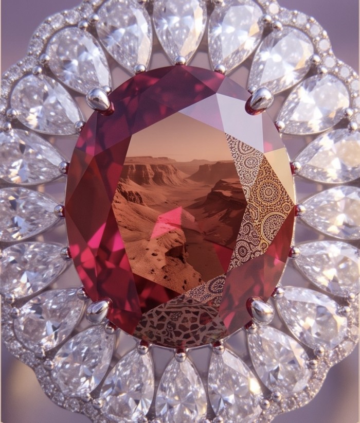 Scarlett 19.7 ctw Mozambique Star Ruby .925 Sterling Silver dipped in 18K WHITE Gold handcrafted Statement Ring size 7 - Close-up of Scarlett Star Ruby in sterling silver with diamond accents.