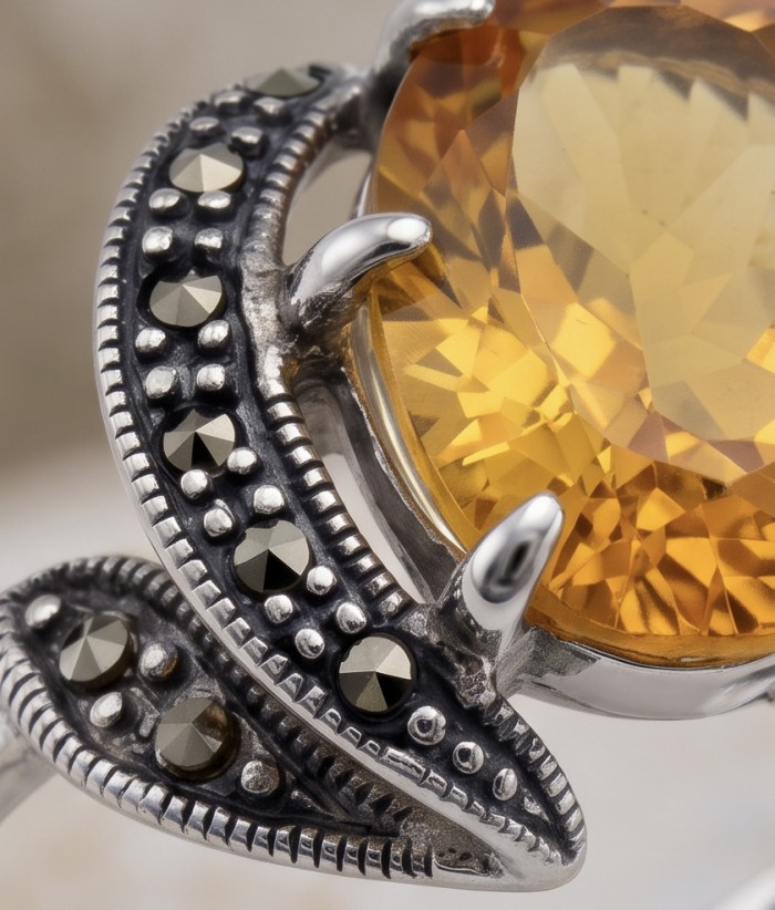 Authentic oval cut 10.2 carat Golden Topaz rhodium over .925 Sterling Silver ring s. 8 - Close-up of Golden Topaz ring with intricate silver detailing.