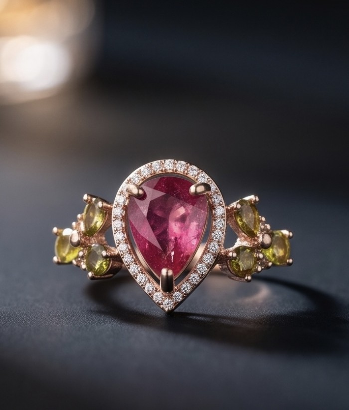 Bella Rosa Genuine 7.9 CARAT Kasmir Ruby 22K Rose Gold over .925 Sterling Silver Statement Ring size 7 1/4 - Close-up of Bella Rosa 7.9 CARAT Ruby Ring with 22K Rose Gold accents.