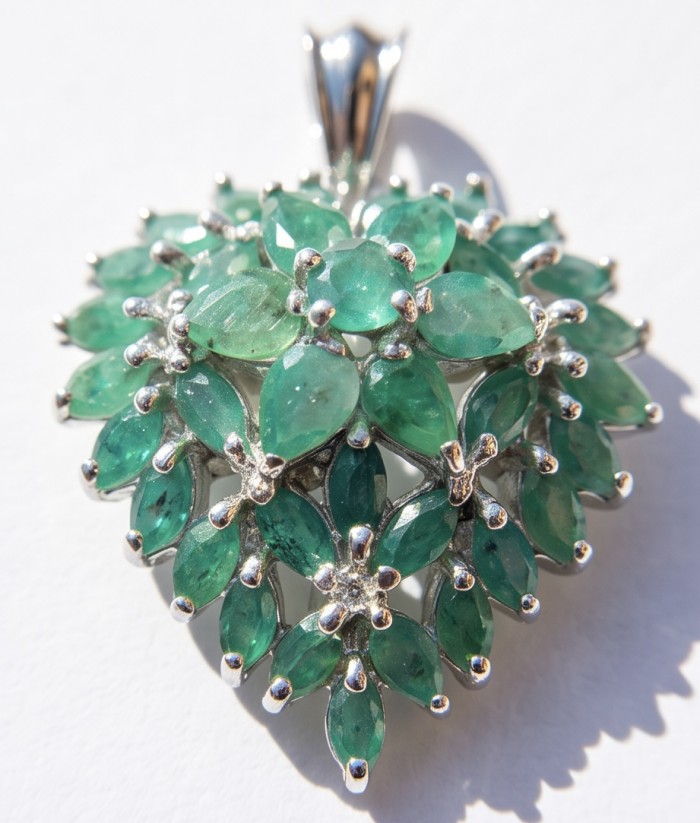 Green Heart Natural 15.8 carat Colombian Emerald .925 Sterling Silver Handcrafted pendant - Close-up of green emerald heart pendant with silver detailing