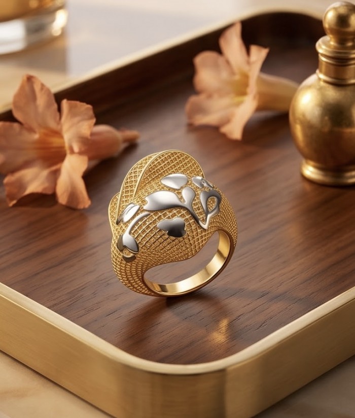 Dubai Style - .925 Sterling Silver dipped in 22K Gold handmade Large ring size 9 1/2 - Gold-dipped ring with silver accents on wooden tray, floral background.