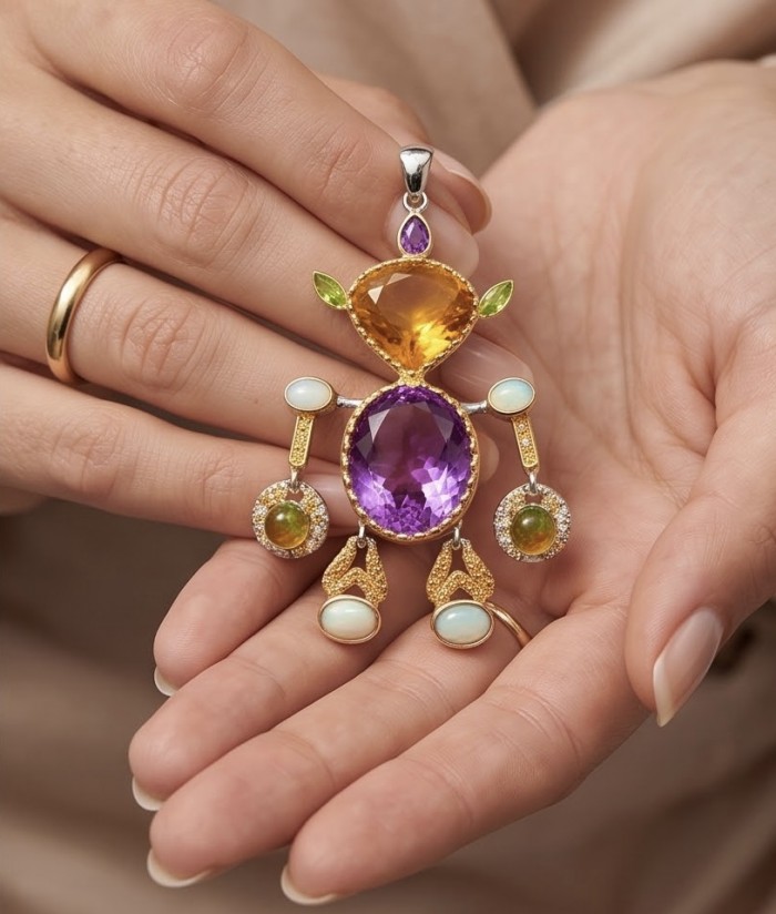 My precious Humanoid Friend 44.6 carat GEMSTONES 18k Gold over .925 Sterling Silver dipped in Rhodium handmade Pendant - Humanoid pendant with gemstones held in hands, front view.