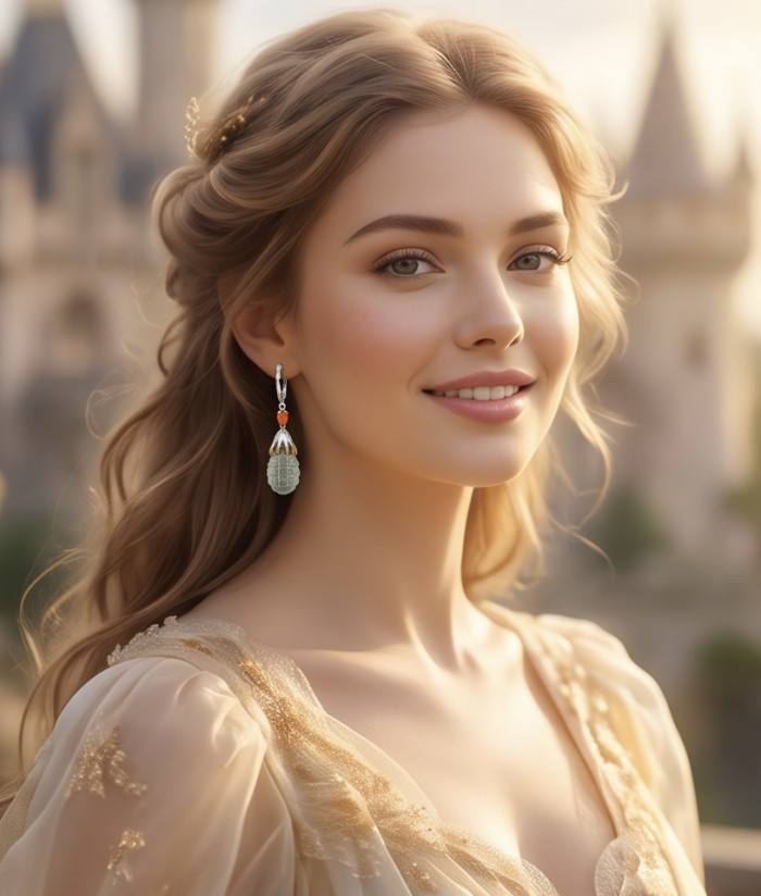 Corn on the cob - 20.2 carat carved Green Amethyst 2 tones .925 Sterling Silver dipped in Rhodium Handcrafted Statement earrings - Green amethyst earrings worn modeled in a castle background.