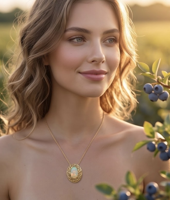 Earth Treasure Authentic 12.8 carat Golden Ethiopian Opal 22K Gold over .925 Sterling Silver handcrafted Statament Necklace - Woman wearing Earth Treasure 12.8 carat Ethiopian Opal necklace