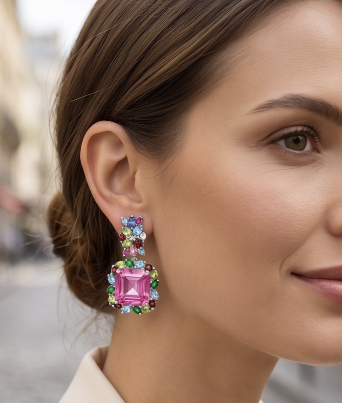 Large - Tiffany - authentic 41.5 carat Pink Sapphire rhodium over .925 Sterling Silver handcrafted Statement Earrings - Side view of pink sapphire earring with colorful gemstones worn on ear.