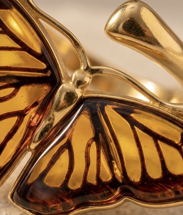 Butterfly Authentic Baltic Amber .925 Sterling Silver dipped in 18K Gold handcrafted ring; s. 7 adjustable - Close-up of Baltic amber butterfly on gold-plated sterling silver