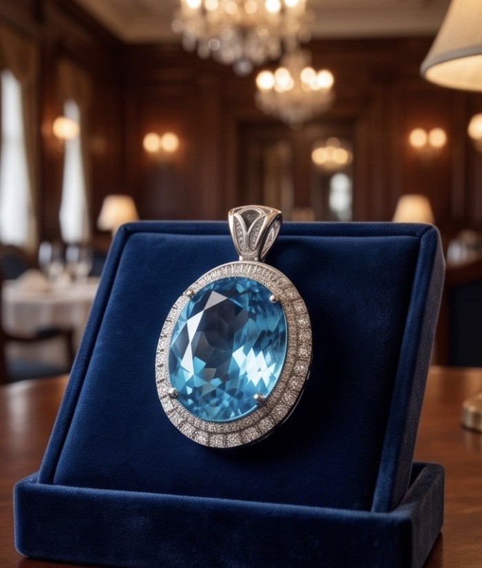 Atlantica - Oval cut 51.5 carat Vintage style Swiss Blue Topaz .925 Sterling Silver DIPPED IN RHODIUM handmade Pendant - Close-up of oval Swiss Blue Topaz pendant on velvet display.