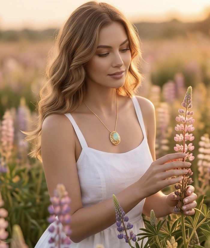 Earth Treasure Authentic 12.8 carat Golden Ethiopian Opal 22K Gold over .925 Sterling Silver handcrafted Statament Necklace - Woman wearing Earth Treasure Opal Necklace in a flower field.