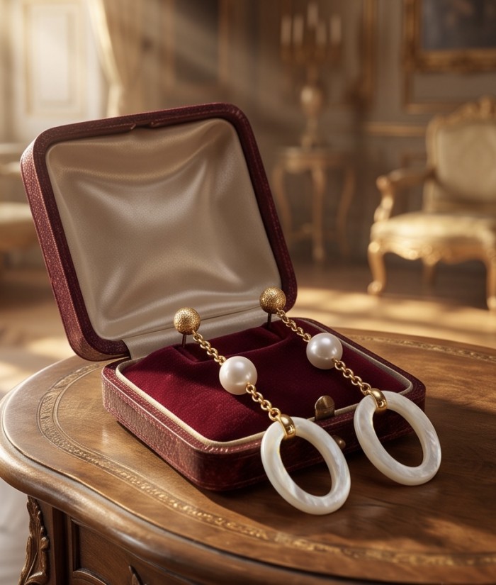 Genuine Blister Pearl lab grown Diamond 18K Gold over .925 Sterling Silver handcrafted Statement Earrings - Elegant drop earrings in open jewelry box on ornate wooden table