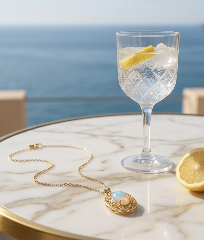 Earth Treasure Authentic 12.8 carat Golden Ethiopian Opal 22K Gold over .925 Sterling Silver handcrafted Statament Necklace - Opal pendant on table beside drink with sea view in the background.