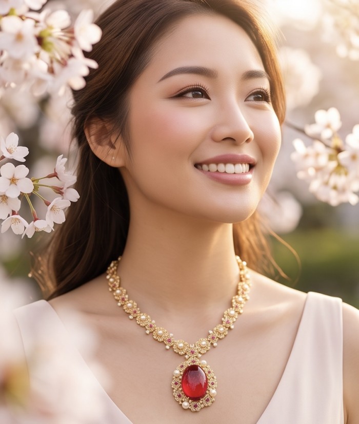 Luxurious 28.9 carat natural Mozambique Ruby 18K Gold over .925 Sterling Silver .925 Sterling Silver Statement Necklace - Woman wearing 18K gold necklace with 28.9 carat Mozambique ruby, front view.