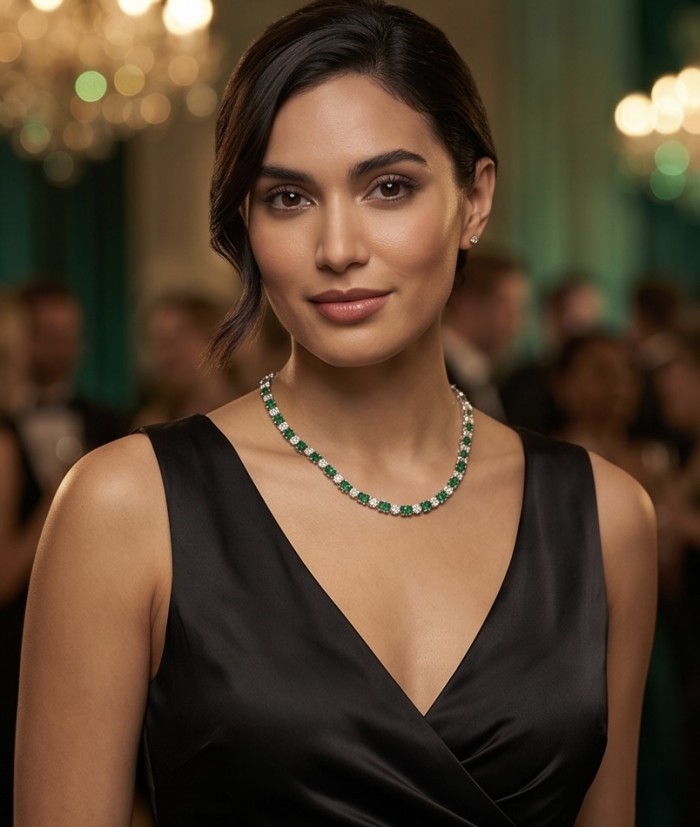 Art Deco 12.4 carat Emerald .925 Sterling Silver handcrafted Statement necklace - Elegant emerald necklace worn at an event, close-up view.