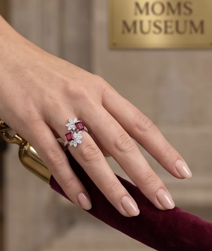 Giovanna - Authentic 8.9 carat Ruby .925 Sterling Silver dipped in rhodium handcrafted Statement Ring size 8 - Ruby and diamond ring on hand, museum background.