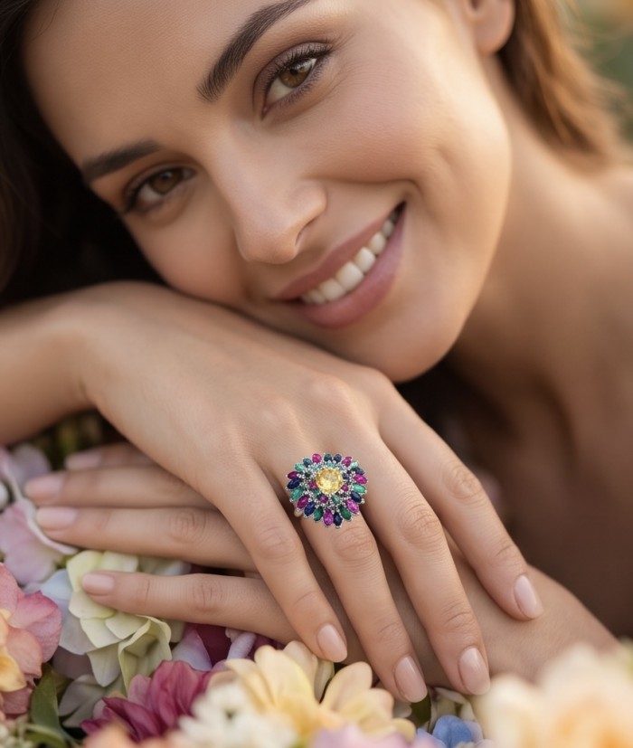 Victoria Authentic 10.5 carat Brazilian Citrine .925 Sterling Silver brilliantly handcrafted Statement ring; s. 8 - Woman wearing Victoria Authentic ring, front view on hand among flowers.