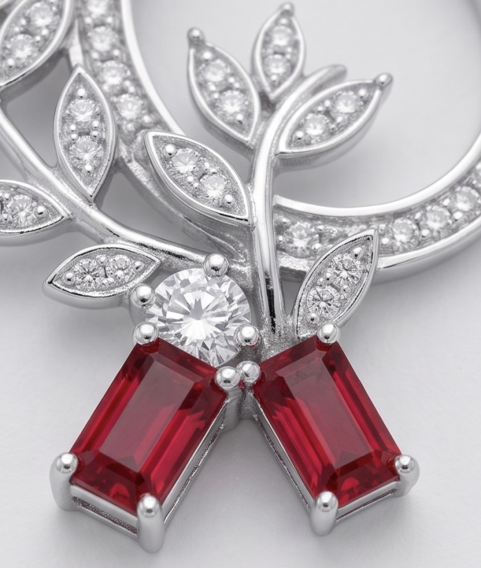 Giovanna - 2.5 carat Ruby .925 Sterling Silver handcrafted incredible earrings - Ruby and diamond leaf design close-up, 2.5 carat, sterling silver.