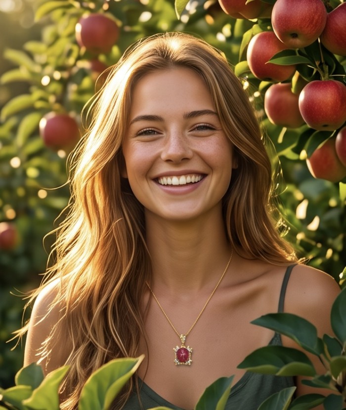Rare finding - Deluxe 27.2 carat authentic Mozambique Ruby 22K Gold over .925 Sterling Silver handmade Statement Pendant - Woman wearing necklace with Deluxe 27.2 carat Mozambique Ruby in garden.