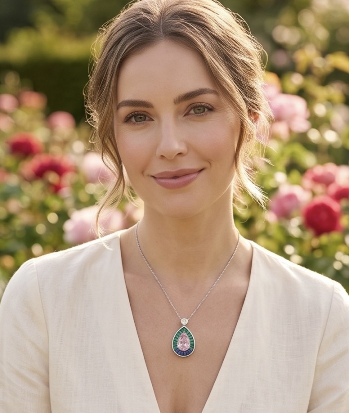 Emily - Art Deco - Precious genuine 10.2 carat Kunzite rhodium over .925 Sterling Silver handcrafted necklace - Woman wearing Emily Art Deco necklace with kunzite pendant in garden.