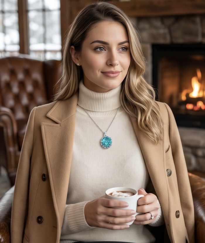 Rose of the Sea 18.8 carat fancy cut Paraiba Tourmaline Moissanite .925 Sterling Silver Handcrafted Statement necklace - Woman wearing Rose of the Sea Paraiba Tourmaline necklace indoors