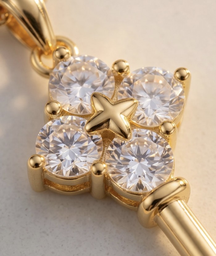 Magic Key - 3.8 carat White Topaz 14K Gold over .925 Sterling Silver handcrafted necklace - Close-up of Magic Key jewelry with white topaz and gold detailing.