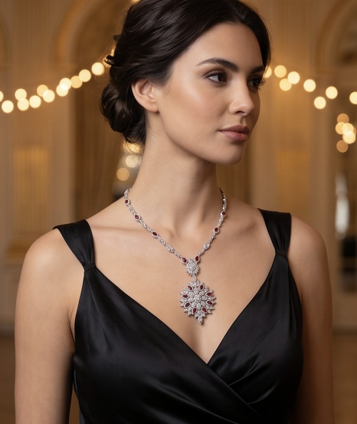 Isabella - Beauty of Nature- natural 32.5 carat Ruby Rhodium over .925 Sterling Silver handmade 28 INCHES Statement necklace - Woman wearing Isabella 32.5 carat ruby necklace, side view.