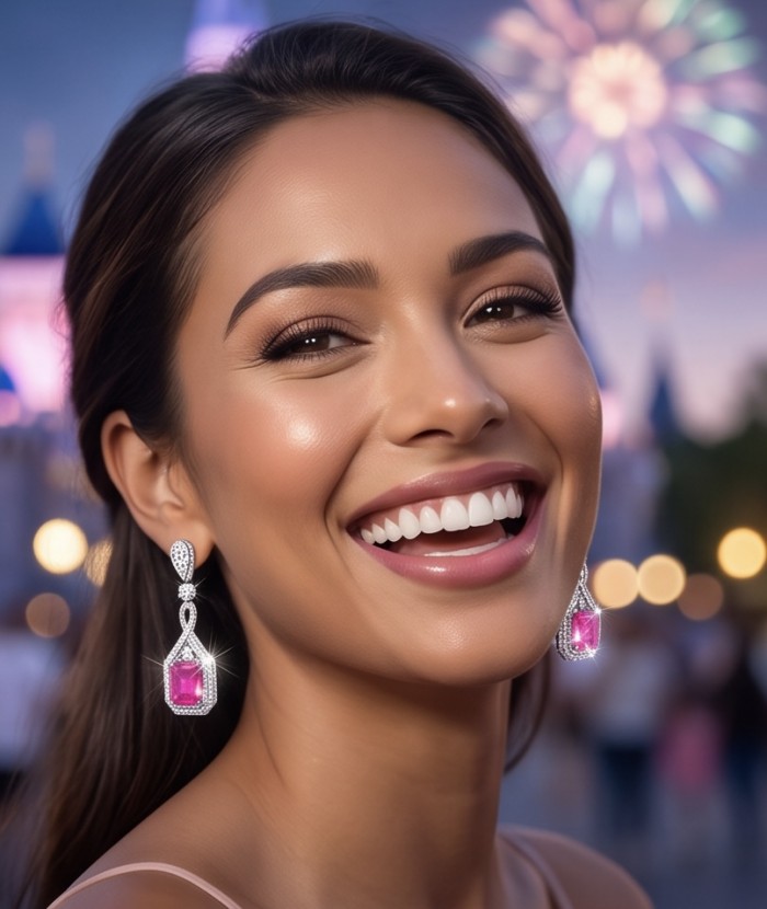 Incredible 10.5 carat Pink Topaz .925 Sterling Silver entirely handmade earrings - Woman wearing pink topaz earrings against a festive background.