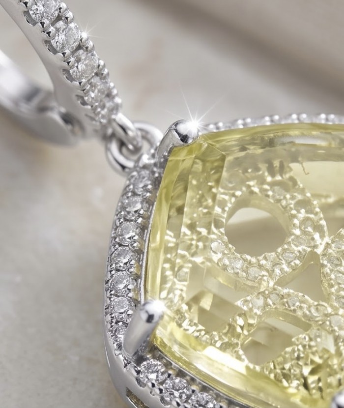 SunRise 10.8 carat Lemon Quartz rhodium over .925 Sterling Silver handcrafted Statement Earrings - Close-up of SunRise Lemon Quartz pendant with diamond accents