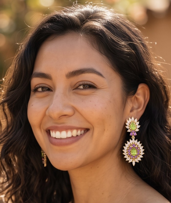 Paloma Authentic 27.2 carat Peridot from Arizona 18k GOLD OVER .925 Sterling Silver handmade Statement earrings - Woman wearing Paloma Authentic 27.2 carat Peridot earrings, side view.