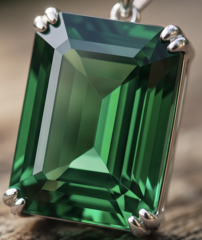 Superior quality baquette cut 35.2 carat Fresh Green Helenite .925 Sterling Silver Pendant - Close-up of a 35.2 carat baguette cut Fresh Green Heleni stone.